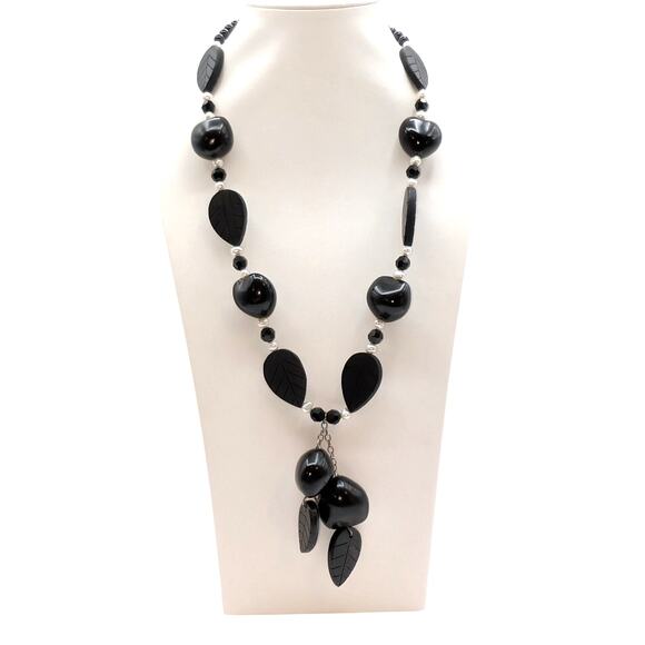 925 Sterling Pearl Black Carved Wood Leaf Tagua Nut Dangle Tassel Necklace - Picture 7 of 7